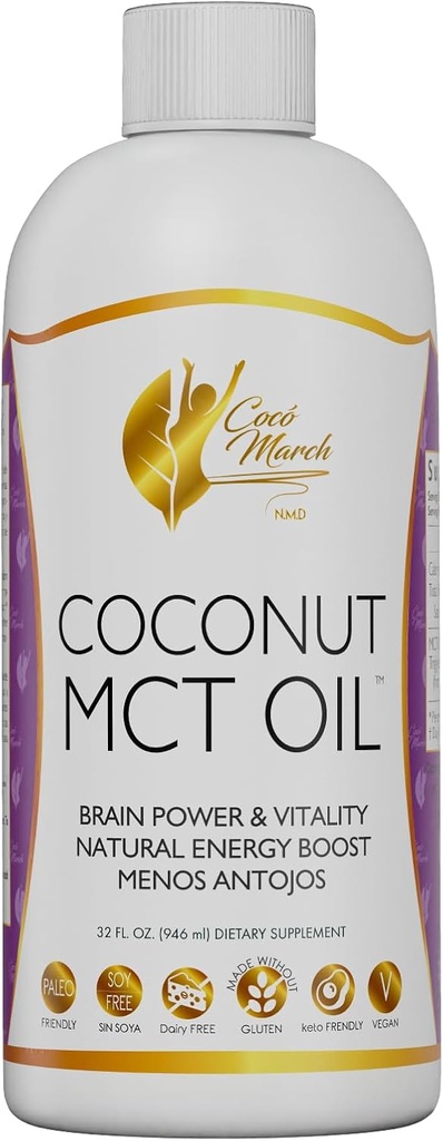 Cocó March N.M.D MCT Oil - Intermittent Fasting Support, Metabolism, Brain Power Boost, Natural Energy from Coconut, Free from Gluten, Dairy, Soy, Vegan & Keto-Friendly, 32 Fl Oz