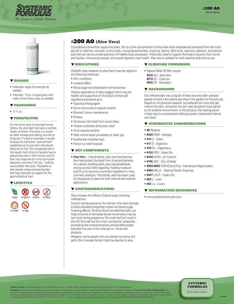 Systemic Formulas Aloe Vera #200-16 oz Premium Grade for Digestive Health and Wellness - Pure Aloe Vera Extract