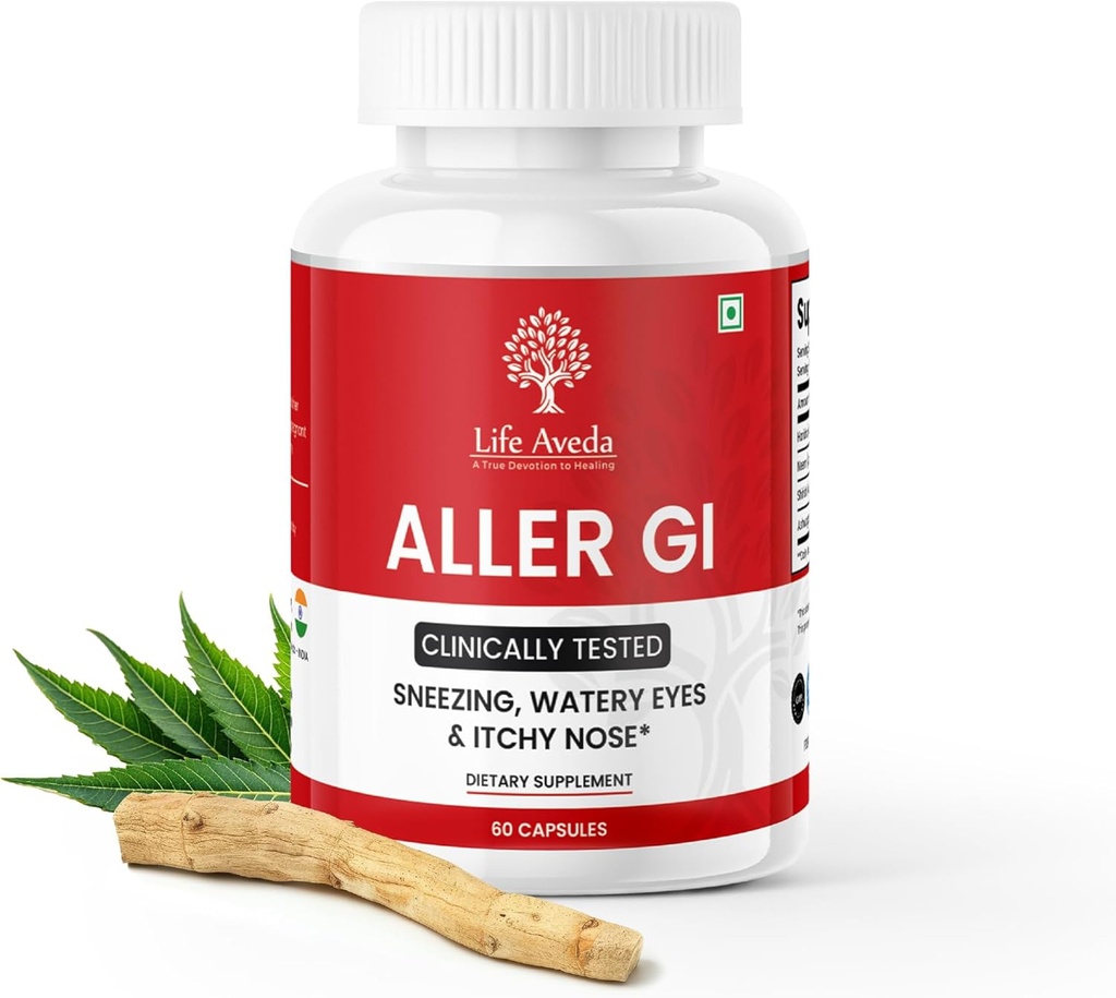 Life Aveda Aller Gi - Complete Allergy Relief Medicine (500mg) for Runny Nose, Sneezing, Itchy, Watery Eyes ← All-in-One Ayurvedic Medicine for Seasonal Allergy ← 60 Capsules (2 Month Supply)