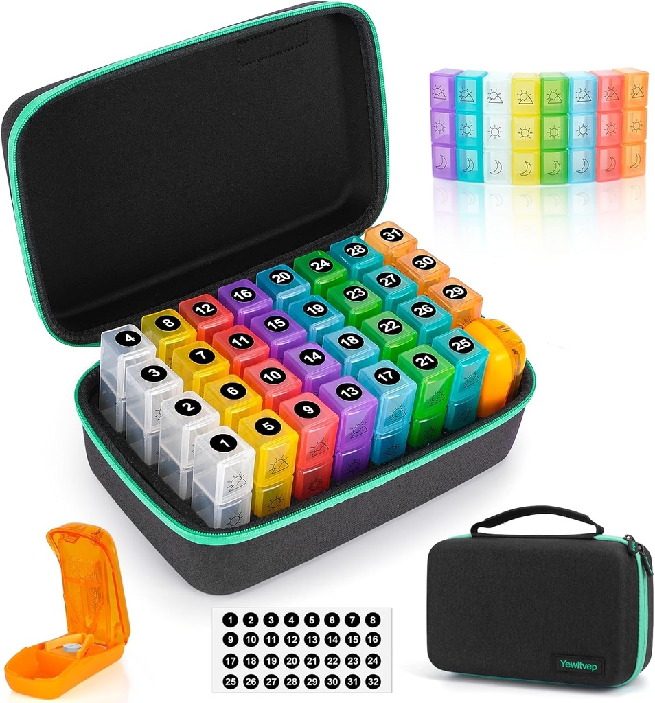 Organizador mensual de píldoras 3X al día con 7 días de medicina de viaje Organizing Bag, Caja de píldoras de medicina con 32 Compartimientos diarios, 31 Day Pill Holder 30 Day Pill Case for Vitamin, Supplement and Medication