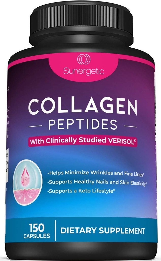 Peptides colágenos Premium Sunergéticos Capsules – 2500 mg de Peptidos de Collagen VERISOL Tipo 1 " Tipo 3 – Suplemento multi colágeno para apoyar la salud conjunta, el cabello, la piel " uñas – 150 cápsulas de colágeno