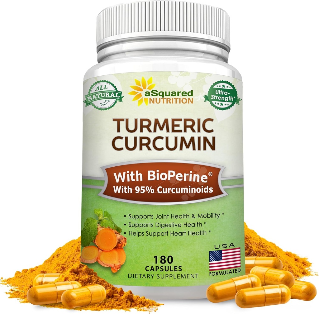 aSquared Nutrition Turmeric Curcumin 1300mg with BioPerine Black Pepper Extract - 180 Capsules - con 95% Curcuminoides, 100% Natural Tumeric Root Powder Suplementos, Pure & Joint Stiffness Pills
