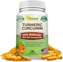 aSquared Nutrition Turmeric Curcumin 1300mg with BioPerine Black Pepper Extract - 180 Capsules - con 95% Curcuminoides, 100% Natural Tumeric Root Powder Suplementos, Pure & Joint Stiffness Pills