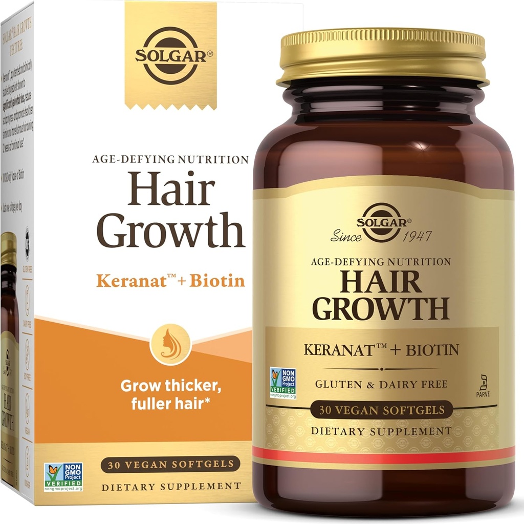 Suplemento de crecimiento del cabello de Solgar para el cabello más completo con aceite de Keranat, Biotina, Zinc y Cobre, Suplemento de salud del cabello, Nutrición de edad para hombres y mujeres, 30 servicios