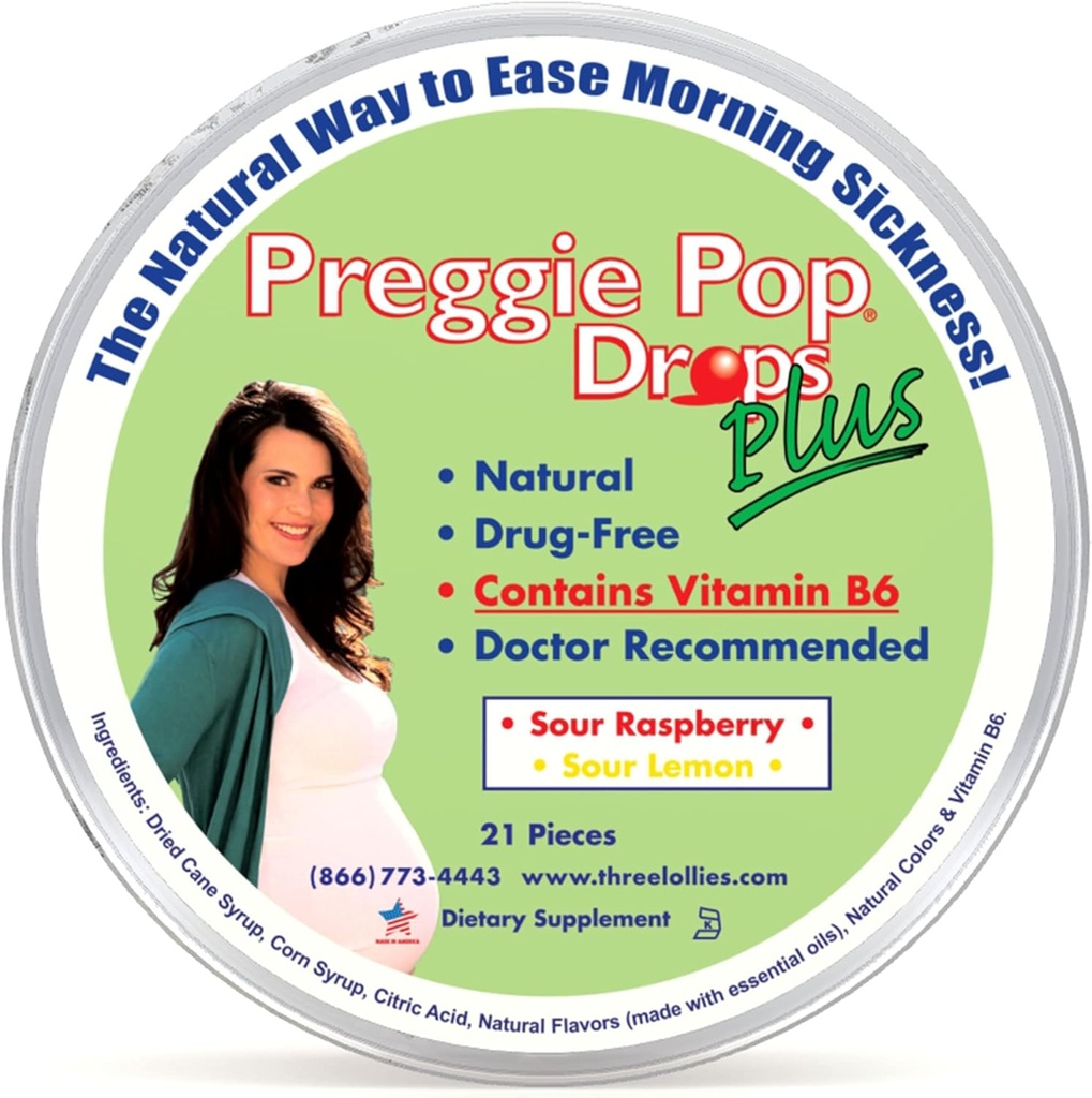 Preggie Pop Drops Plus ← 21 Drops ← Vitamina B6 para la enfermedad de la mañana &amp; Alivio de la Nausea durante el embarazo ← Seguro para la madre embarazada &amp; Baby TEN Gluten Free TEN Two Flavors: Lemon & Raspberry