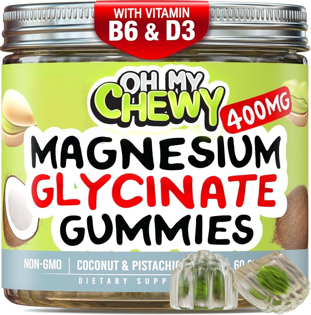 Center-Filled Magnesium Glycinate Gummies 400MG - High Absorption for Kids, Teens & Adults - Supplement for Sleep, Calm & Muscle Relaxation with B6 & D3 - Gluten Free & Vegan Friendly - 60 Count