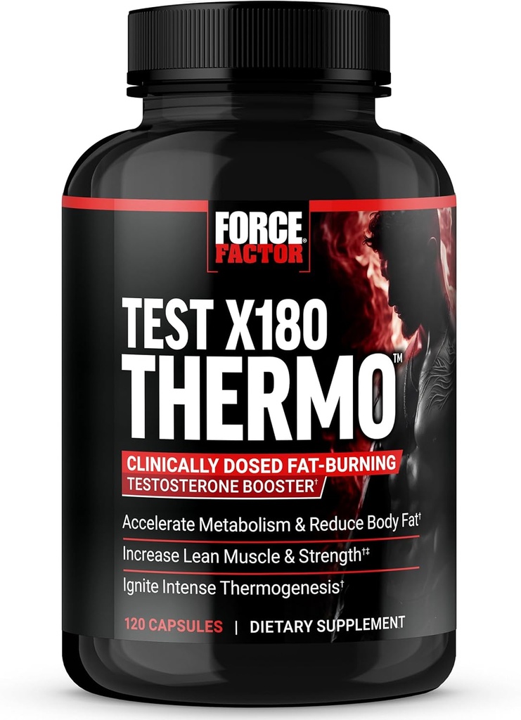 FORCE FACTOR Test X180 Thermo Testosterone Suplemento y quemador de grasa para hombres para acelerar el metabolismo, reducir la grasa corporal, construir músculo magro, y aumentar la termogénesis, 120 cápsulas