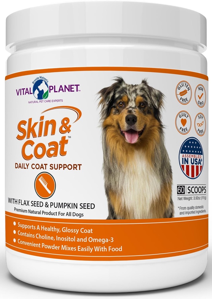 Planeta Vital - Suplemento de piel y carne para perros con Choline, Inositol, Calabaza, Flax y Omega-3 Aceites para soportar una suave carne sana brillante y para alergias estacionales - 60 Scoops, 111g, 3.92oz
