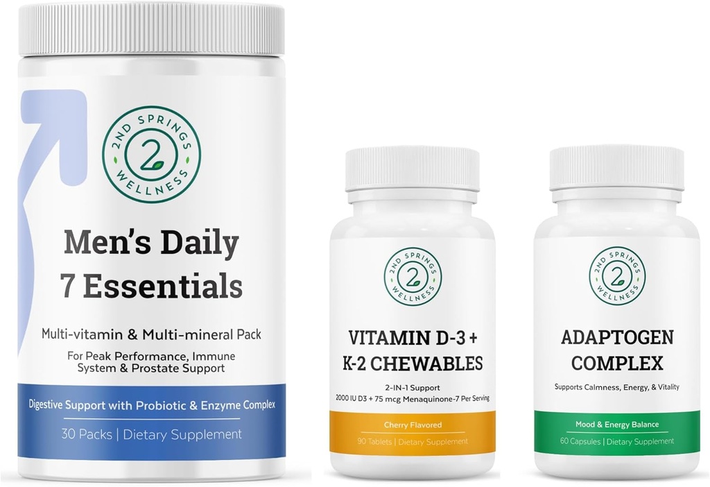 Men's Daily 7 Essentials, Adaptogen Complex &amp; Vitamin D3 + K2 Chewables Bundle