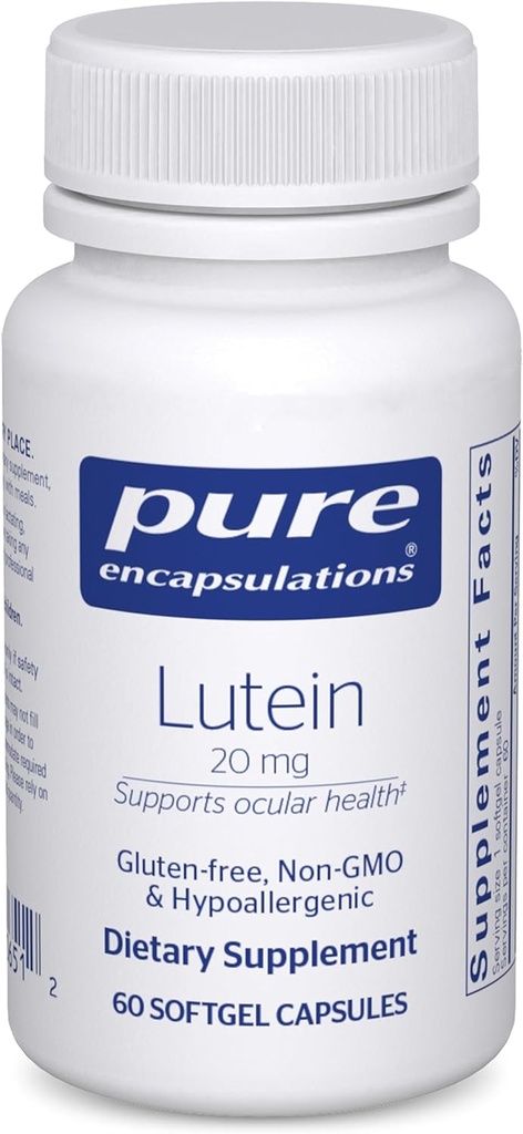 Encapsulaciones puras Lutein 20 mg ← Antioxidante hipoalergénico Apoyo a la función visual saludable  60 cápsulas de Softgel