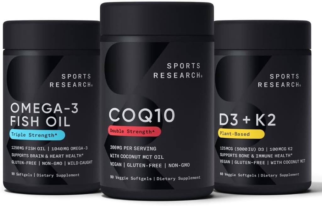 Sports Research 1250 mg Omega 3 Burpless Fish Oil from Single-Source Wild Alaskan Pollock, CoQ10 (200mg) Enhanced w/Coconut MCT Aceite para una mejor absorción y 5000iu vitamina D con 100mcg Mk7 vitamina K