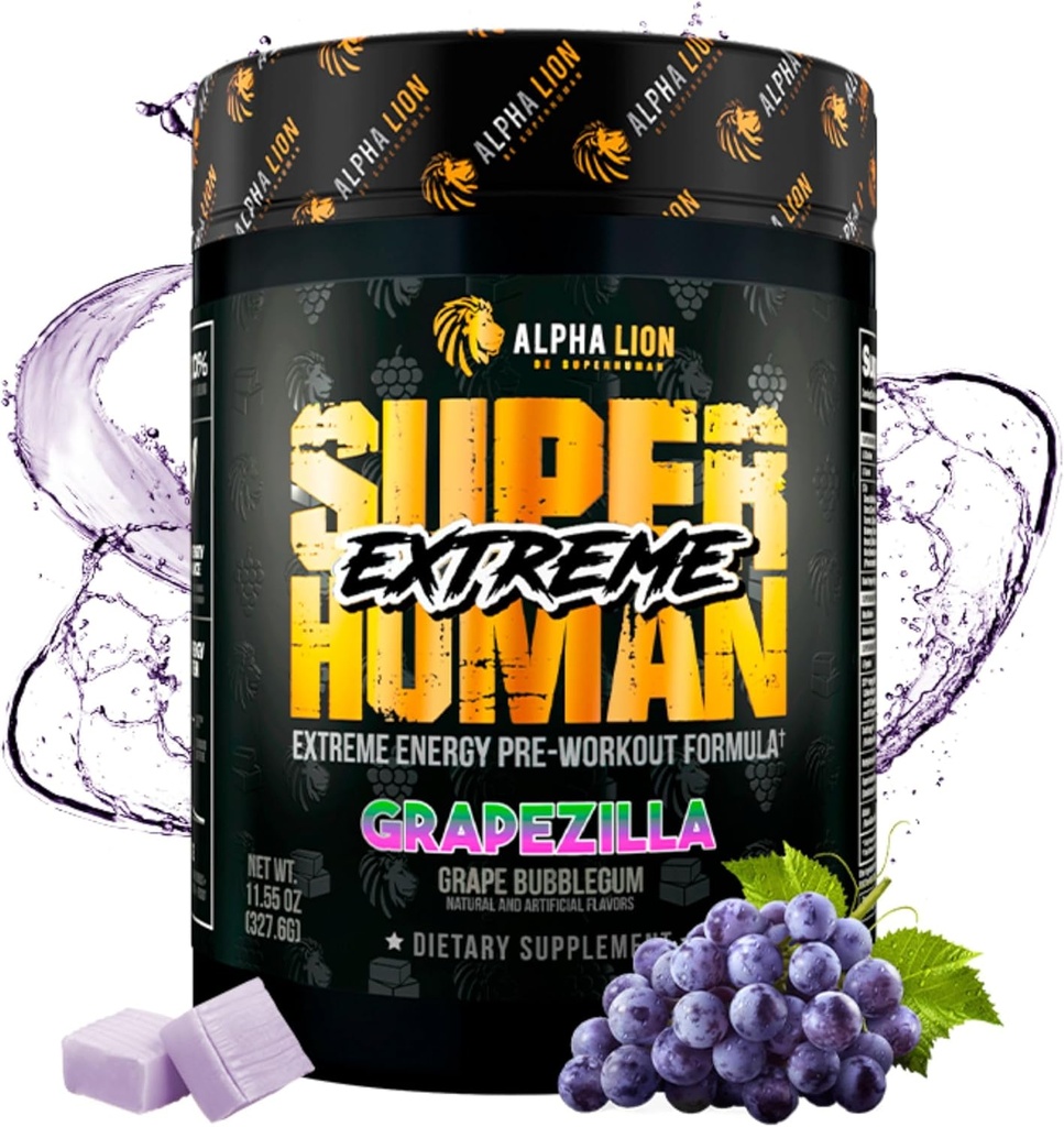 ALPHA LION Superhuman Extreme High Stim Pre Workout Powder, Beta Alanine, L-Taurine &amp; 356mg Tri-Source Caffeine for Sustained Energy, Nitric Oxide & Citrulline for Pump (21 Servings, Grape Flavor)