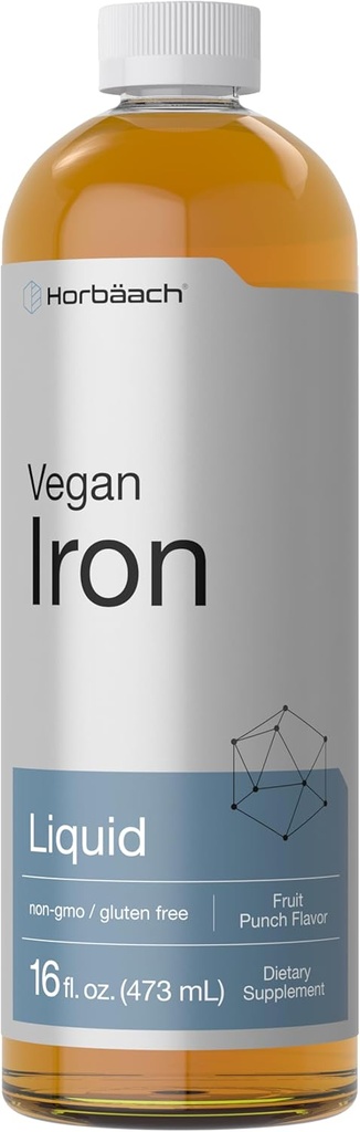 Horbäach Iron Suplemento Liquid TENIDO 16 Fl Oz Silencioso Vegan " Fórmula Vegetariana " No-OMG y Gluten Gratis
