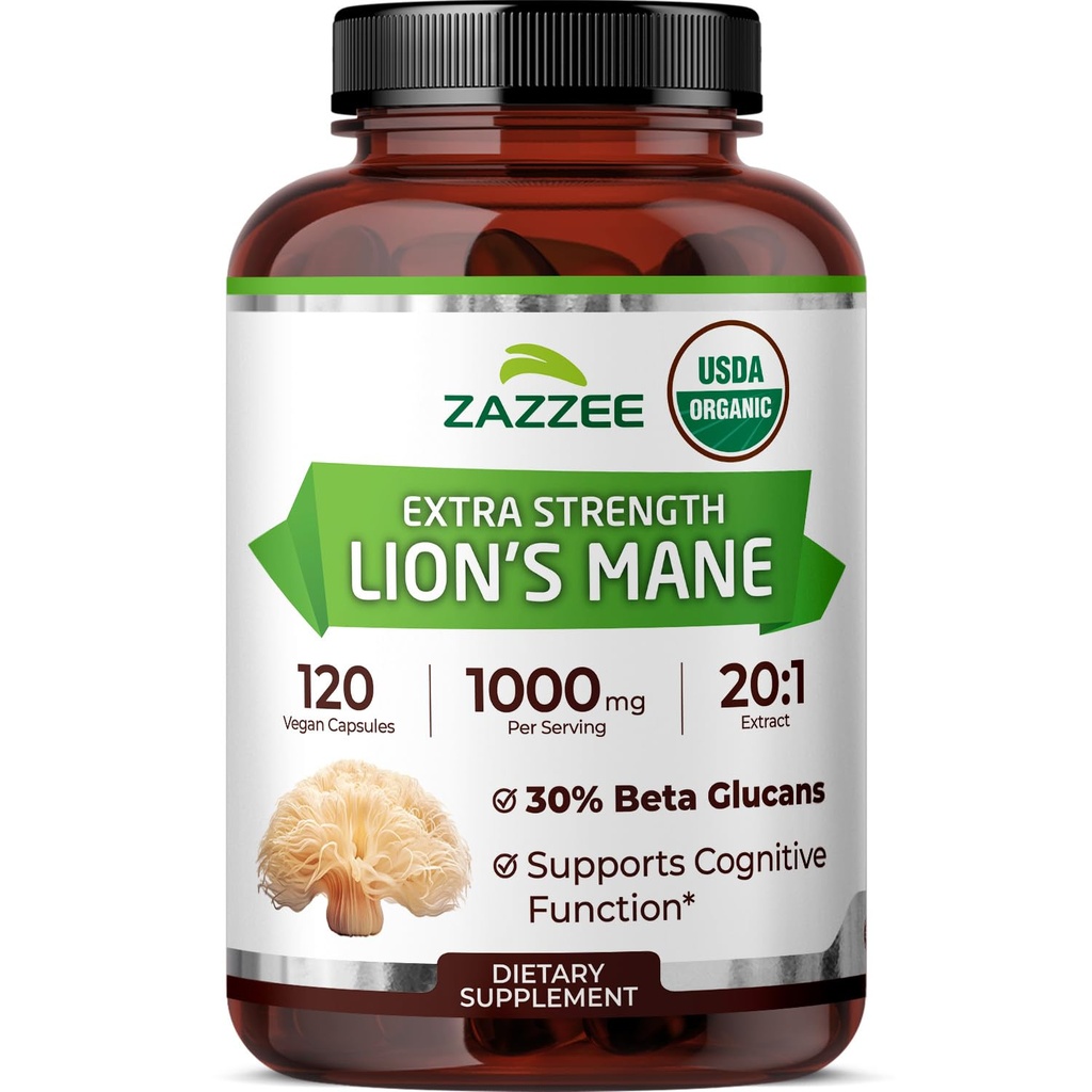 Zazzee USDA Organic Lion's Mane 20:1 Extract, 30% Polysaccharides, 16.000 mg Strength, 120 Vegan Capsules, Nootropic for Brain Health, Focus, Memory, Concentration and Immune Support, Made in The USA