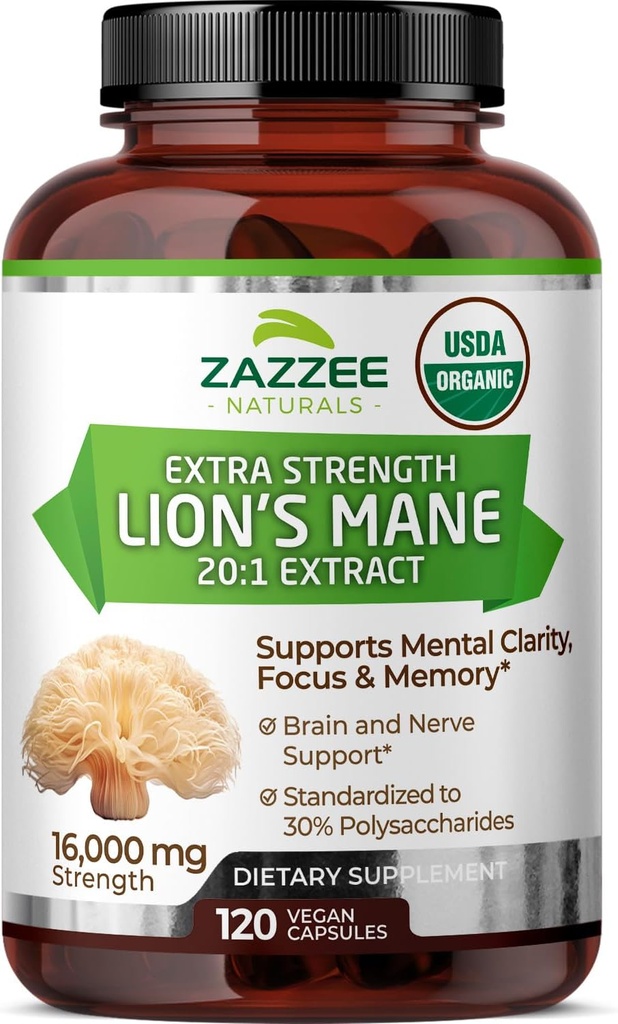 Zazzee USDA Organic Lion's Mane 20:1 Extract, 30% Polysaccharides, 16.000 mg Strength, 120 Vegan Capsules, Nootropic for Brain Health, Focus, Memory, Concentration and Immune Support, Made in The USA