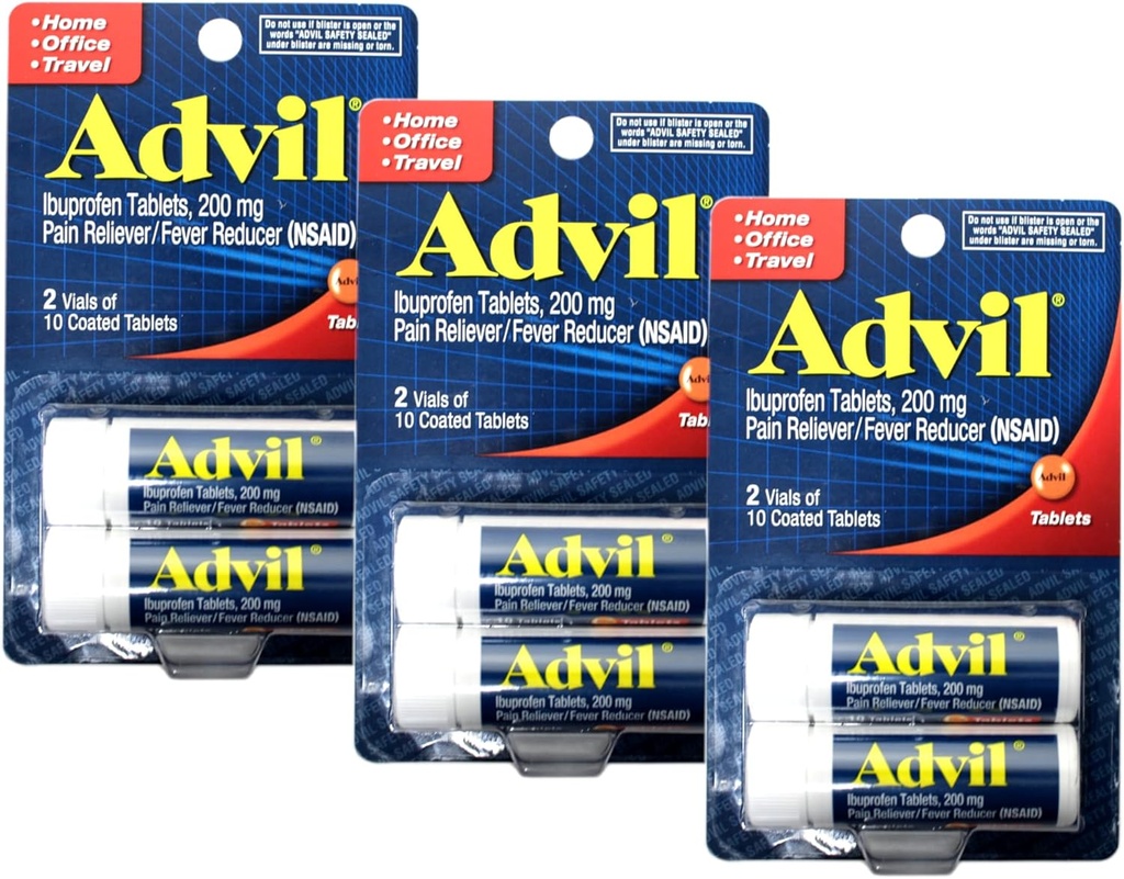 Tablas de Ibuprofeno Advil 200 mg, 2 Viales, 10 Tablas Coadas Cada, 20 Total (Pack of 3)
