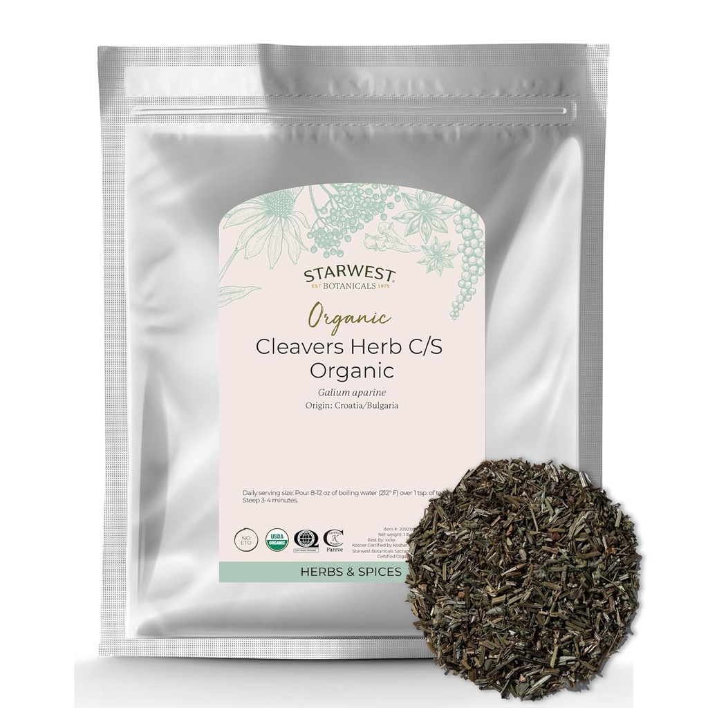 Starwest Botanicals Cleavers Herb Organic - Hoja de secado Herb for Tea, Tinctures, " Herbal Blends, Natural Wellness Support for Women ' Men, Cut " Sifted, Certified Kosher, Non-GMO - Bulk 1 lb Bag