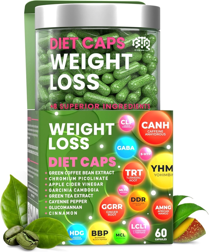 Weight Loss Diet Capsules, Natural Appetite Suppressant, Day & Night Fat Burner for Women & Men with Apple Cider, Green Coffee Bean Extract, Metabolism Booster Supplement - 60 Pills