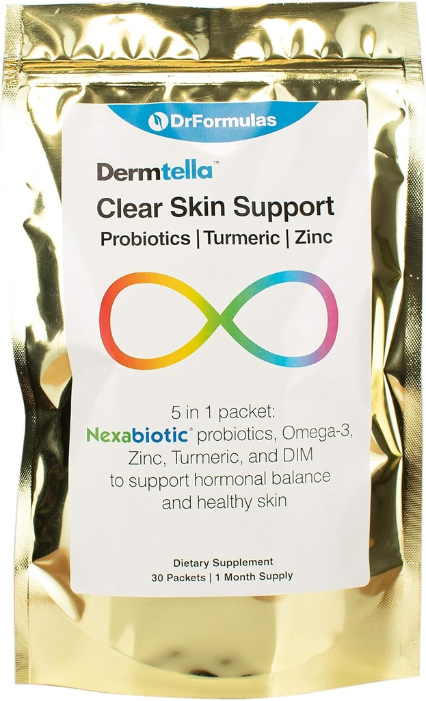 DrFormulas Dermtella Clear Skin Support Packs ¦ Pills with Zinc, Probiotics " DIM tención Suplementos para Mujeres, Adolescentes " Hombres con Probióticos Nexabióticos, Turmérico, Fish Oil, 1 Month Supply