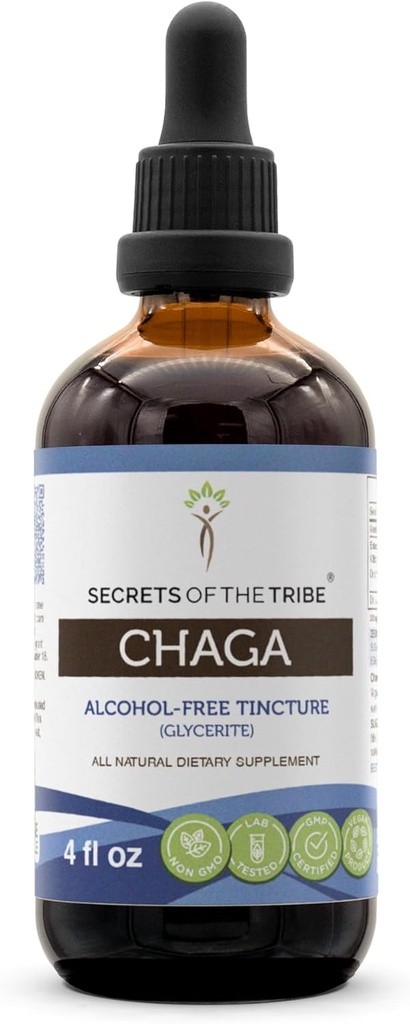 Secretos de la Tribe Chaga Tincture Extracto sin alcohol, Chaga Wildcrafted (Inonotus obliquus) Secado Salón entero (4 FL OZ)