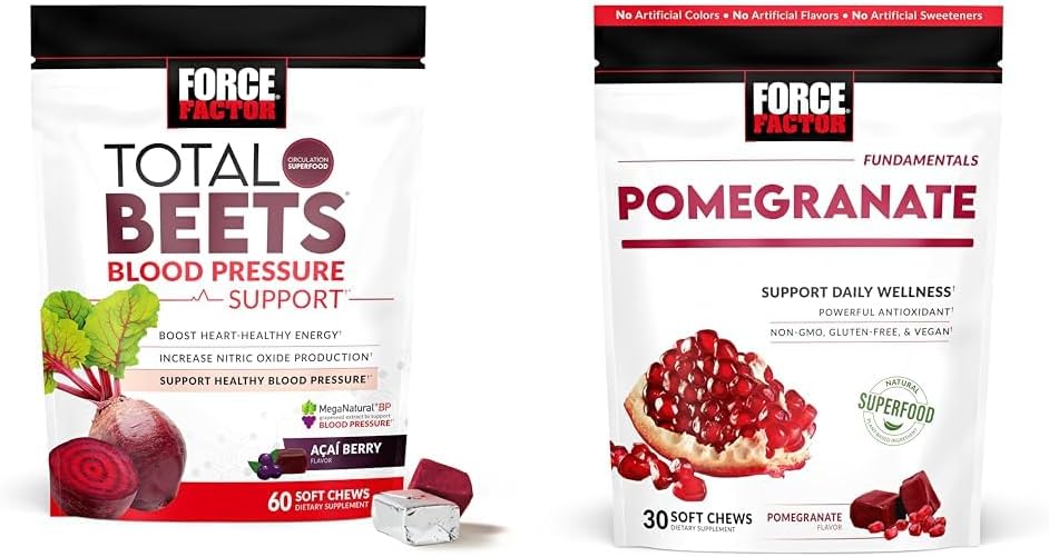 Factor de fuerza Total Beets Presión de sangre Suplementos con Polvo de remolacha &amp; Pomegranate Soft Chews for Healthy Aging, Heart Health, Bone Health, " Brain Health