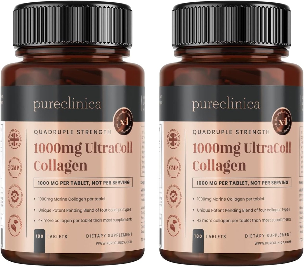 purclinica UltraColl Marine Collagen 1000mg x 360 Tablets (2 Botellas de 180 Tabletas - 6 Meses de Suministro). El único Colágeno Anti-Aging Patented Tipos I, II, III y VII.