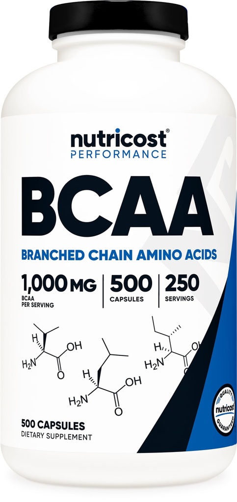 Nutricost BCAA 1000mg, 500 Capsules (250 Serv), 2:1:1 Branched Chain Amino Acids (500mg of L-Leucine, 250mg of L-Isoleucine and L-Valine)
