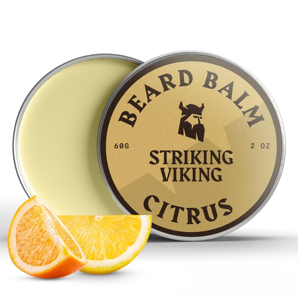 Bálsamo de barba vikinga para hombres - Salir en acondicionador de barba - Bálamo picante Hecho con mantequilla de barba naturalmente derivada, aceites Argan & Jojoba (2 onzas (Pack of 1), Citrus)