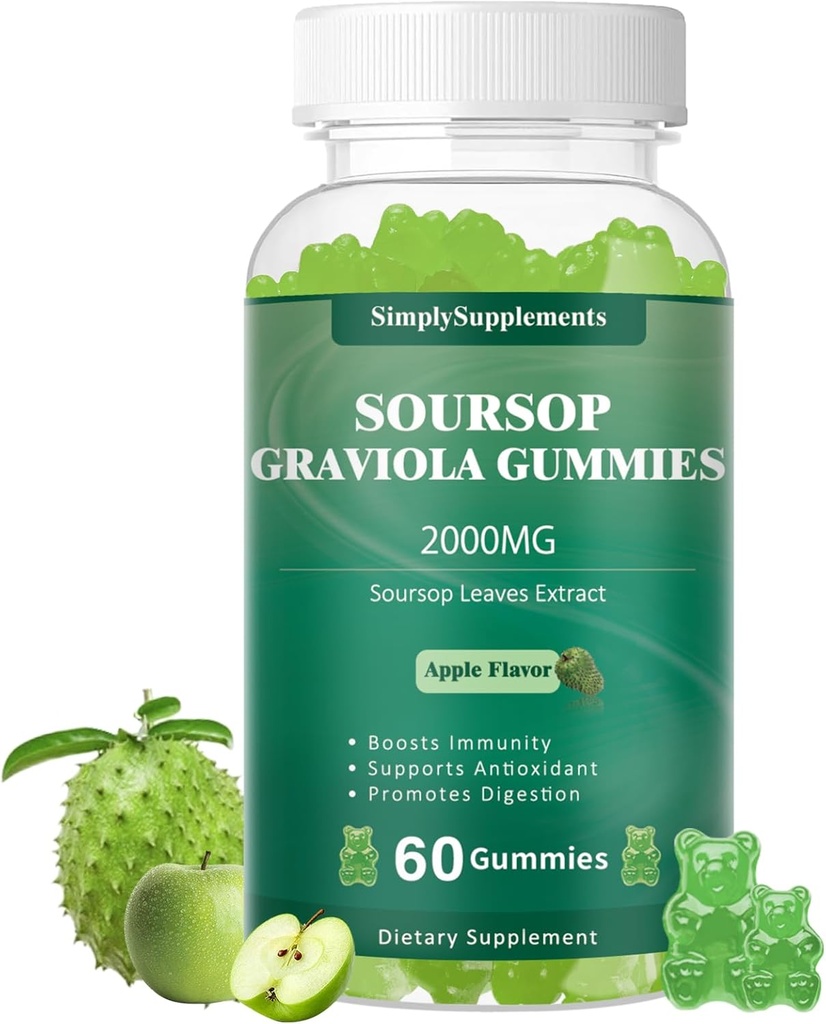 Soursop Graviola Gummies, Organic Soursop Leaves Extract 2000mg for Antioxidant, Immune Support &amp; Digestive Promotion, Vegan - Green Apple Flavor - 60 Gummies