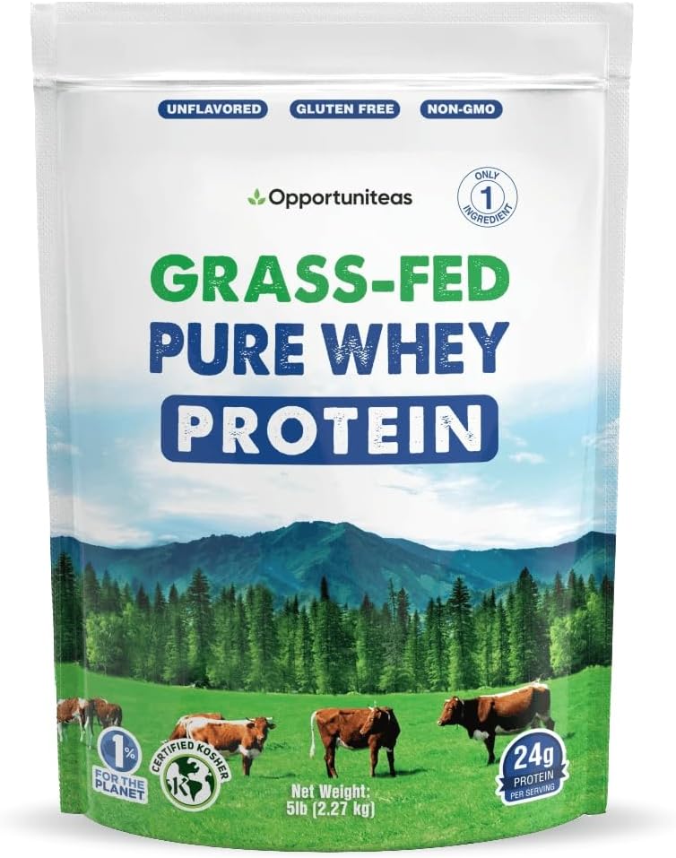 Opportuniteas Grass Fed Whey Protein Powder Concentrate - 1 Ingredient - Pure Protein Supplement for Drink, Smoothie, Shake, Cooking & Baking - Non GMO, Hormone Free & Gluten Free - 5 Pounds
