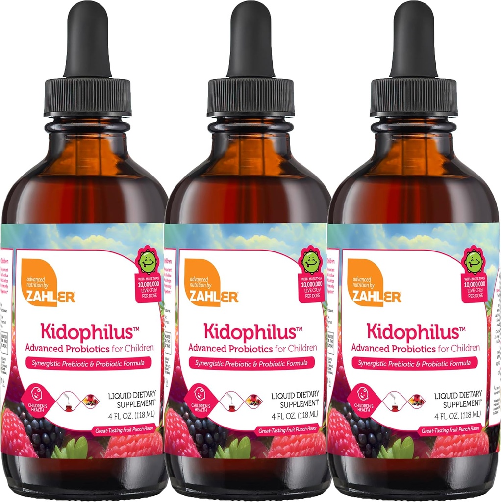 Zahler - Kidophilus Liquid Drops Probiotics for Kids (4 Fl Oz) Certified Kosher, for Healthy Digestion &amp; Immune Support - Fruit Punch Flavored Children's Probiotic Drops Supplement (3 Pack)