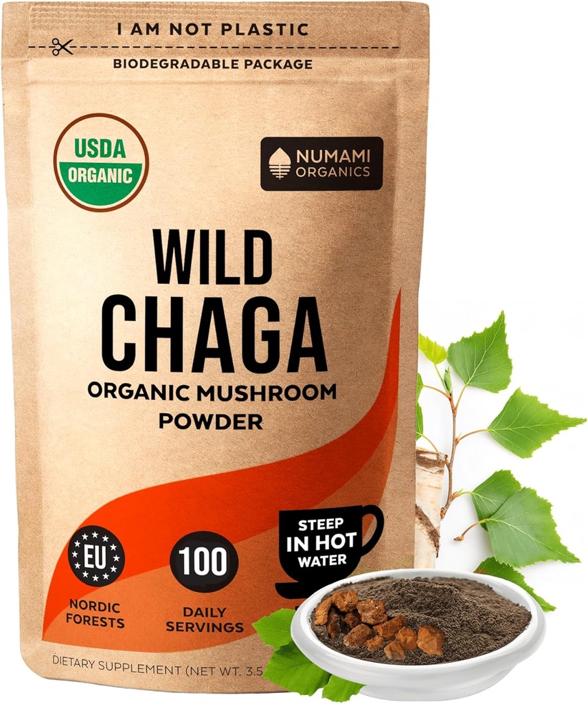 Ecológico Chaga Mushrooms Powder - Fine Powder to Make Chaga Tea for Immune Defense and More Energy, Organic Chaga is Wild Grown and Sustainably Harvested in Europe, Certified USDA Organic, 100 servings