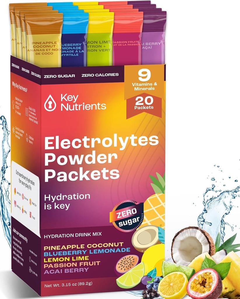 KEY NUTRIENTS Electrolytes Powder Packets No Sugar - 5 Delicious Flavors in Hydration Packets 20 Pack - Sin Calories, Gluten Free Electrolytes Powder Packets, Non GMO, Made in USA