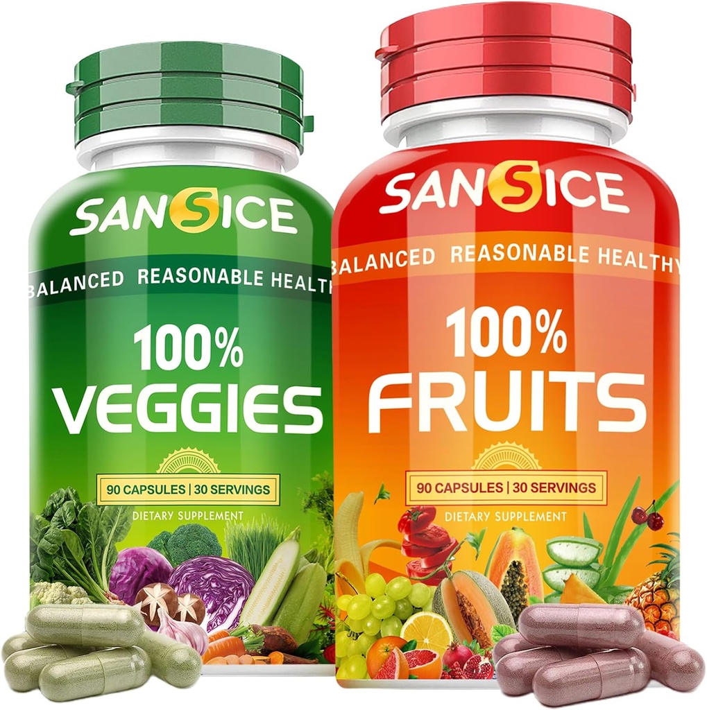 Suplemento de frutas y verduras, frutas naturales y vitaminas vegetales Soy libre de suplementos vegetales y frutales para hombres y niños - 90 cápsulas de frutas, 90 cápsulas de verduras