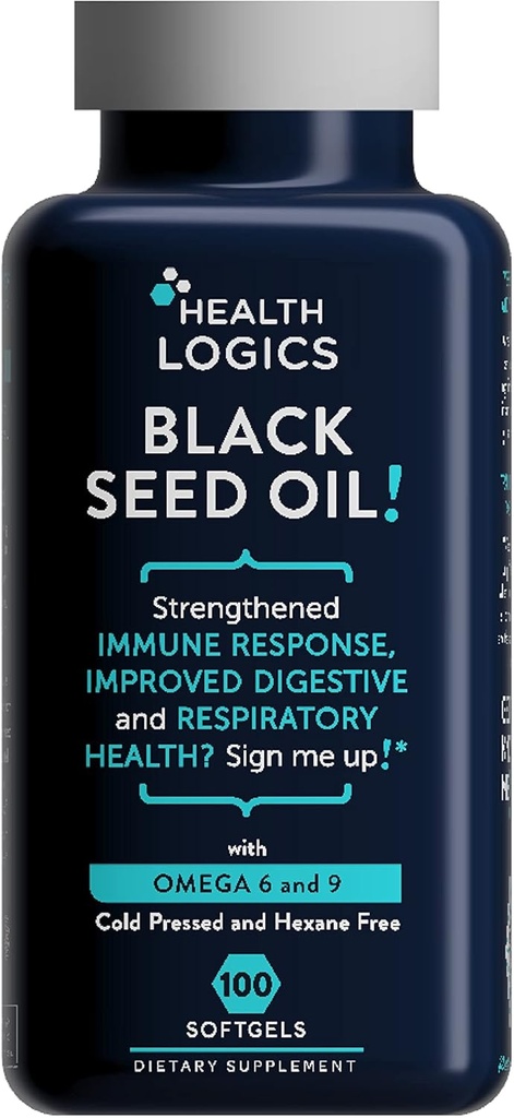 Temáticas de salud Aceite de semillas negras, prensado en frío, rica fuente de ácidos grasos esenciales Omega 6 " 9 , de Nigella Sativa (100 cápsulas de gel blando)