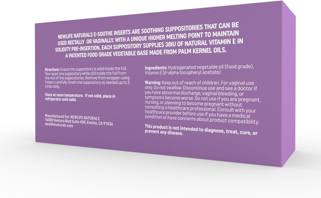 NewLife Naturals Vitamina E Suppositories for Women 38IU - All Natural Vaginal Moisturizer - Cuidado Femenino para la Sequedad, Irritación, Menopause, Postpartum, Hormonal Changes &amp; More - 48 Insertos, USA