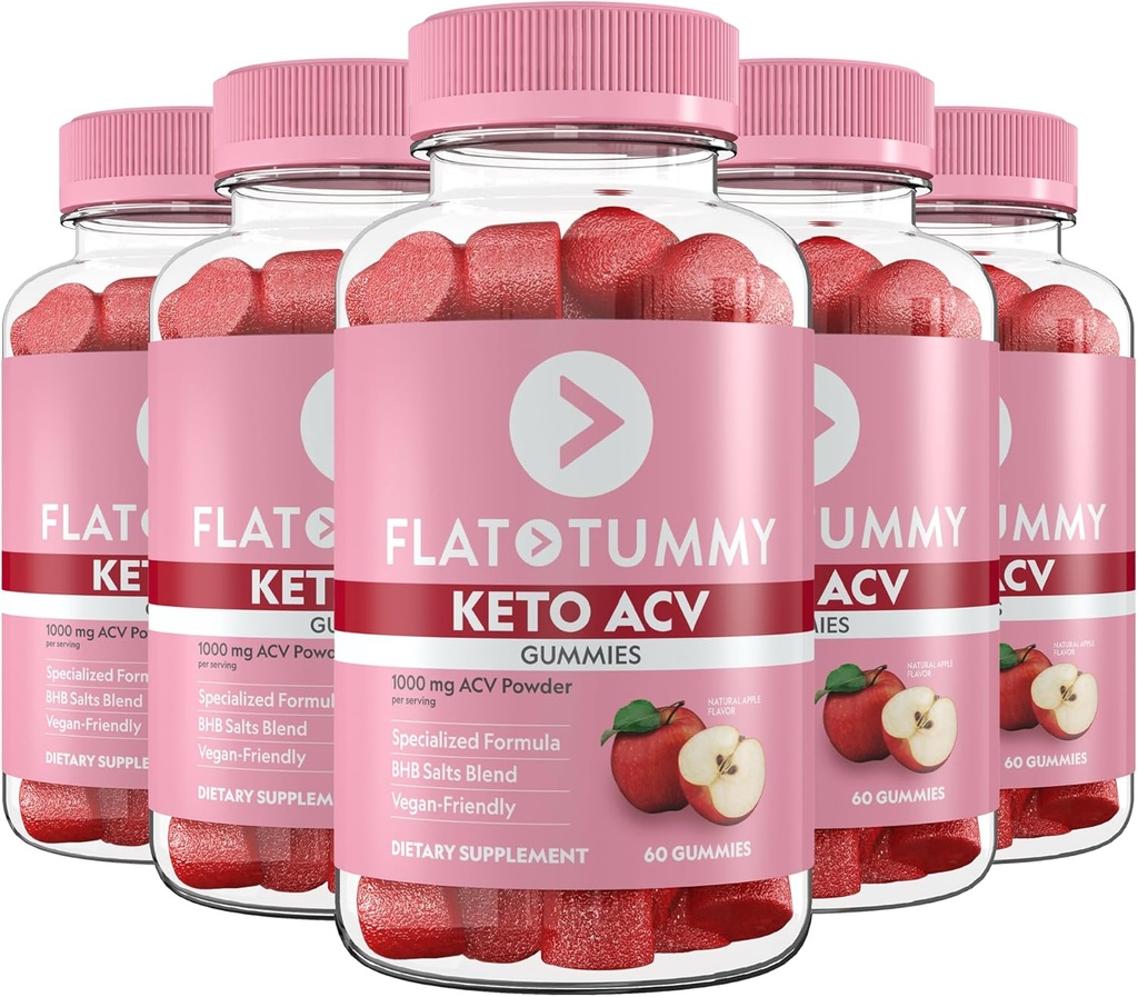 Flat Tummy Keto ACV Gummies, 60 Count – Specialized Formula, Post GLP-1 Keto Supplement, Vegan-Friendly, Non-GMO - Apple Cider Vinegar Gummies, BHB Salts, Beet, Pomegranate Superfood Powders (5 Pack)