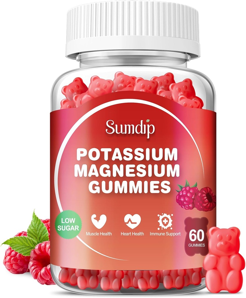 Potasio Magnesio Gummies Potasio Suplementos Alta Absorción Potasio Citrate Magnesio Citrate, Soporte Leg Cramps Muscle Relaxation for Men and Women 60 Gummies, Raspberry