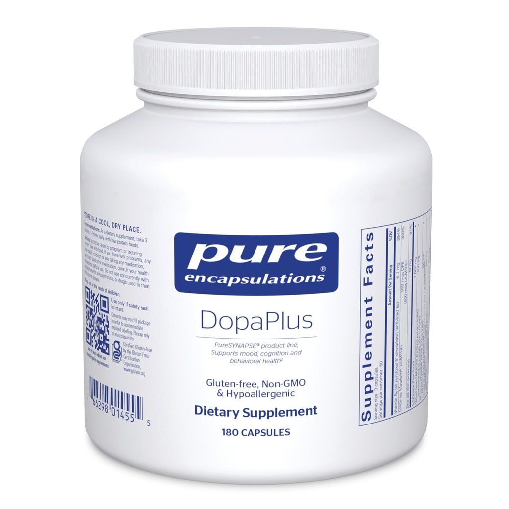 Encapsulaciones puras DopaPlus - apoya la producción de dopamina - para la función cerebral diaria* - con folato, vitamina B6 &amp; L-5-MTHF - No GMO & Vegan - 180 cápsulas
