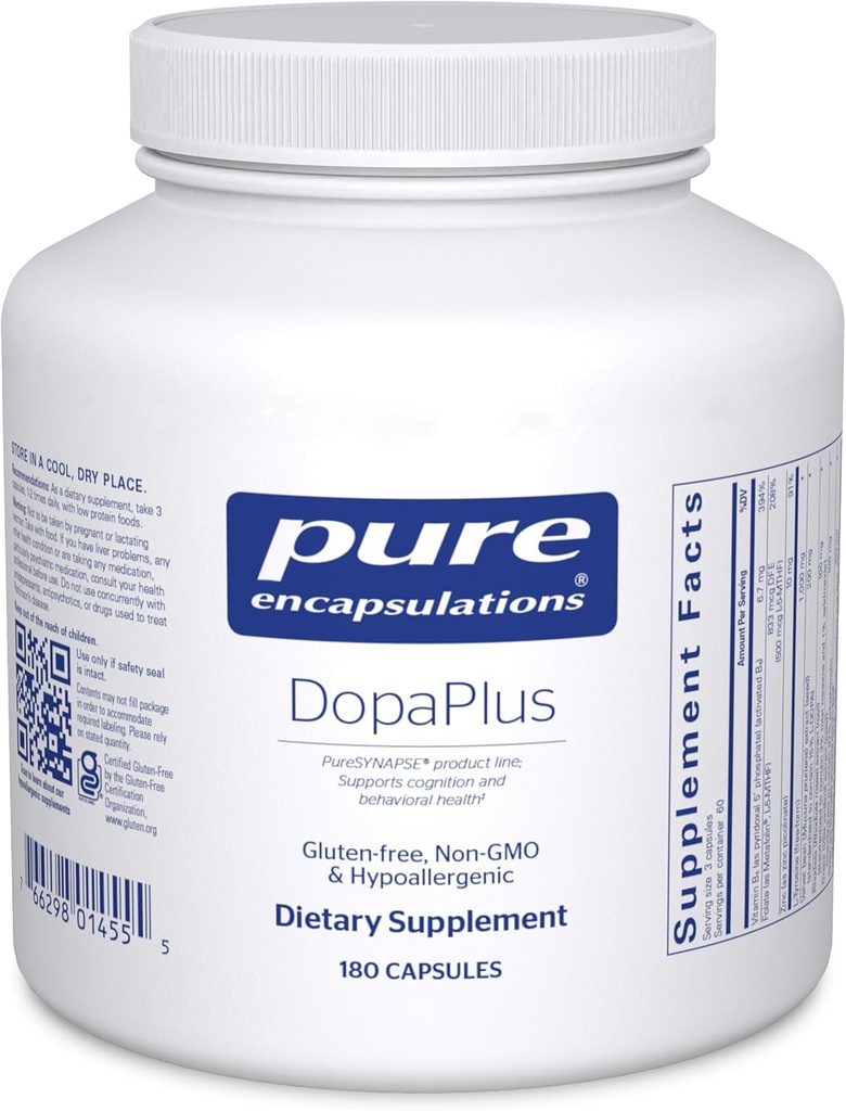 Encapsulaciones puras DopaPlus - apoya la producción de dopamina - para la función cerebral diaria* - con folato, vitamina B6 &amp; L-5-MTHF - No GMO & Vegan - 180 cápsulas