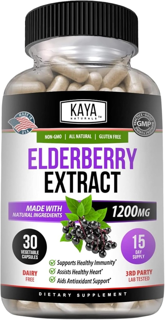 Kaya Naturals Elderberry Immune Support - Elderberry Extract, Rich Antioxidant Premium Vitaminas, 1200 mg Immune System Booster Sambucus Capsules - 30 Conde
