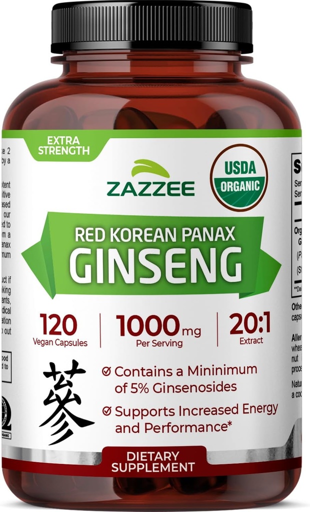 Zazzee USDA Organic Red Korean Panax Ginseng 20:1 Extracto, 1000 mg, 5% Ginsenosides, 120 cápsulas Vegan, Standardizado y concentrado 20X Extracto de raíz, 100% vegetariano, todo natural, hecho en los EE.UU.