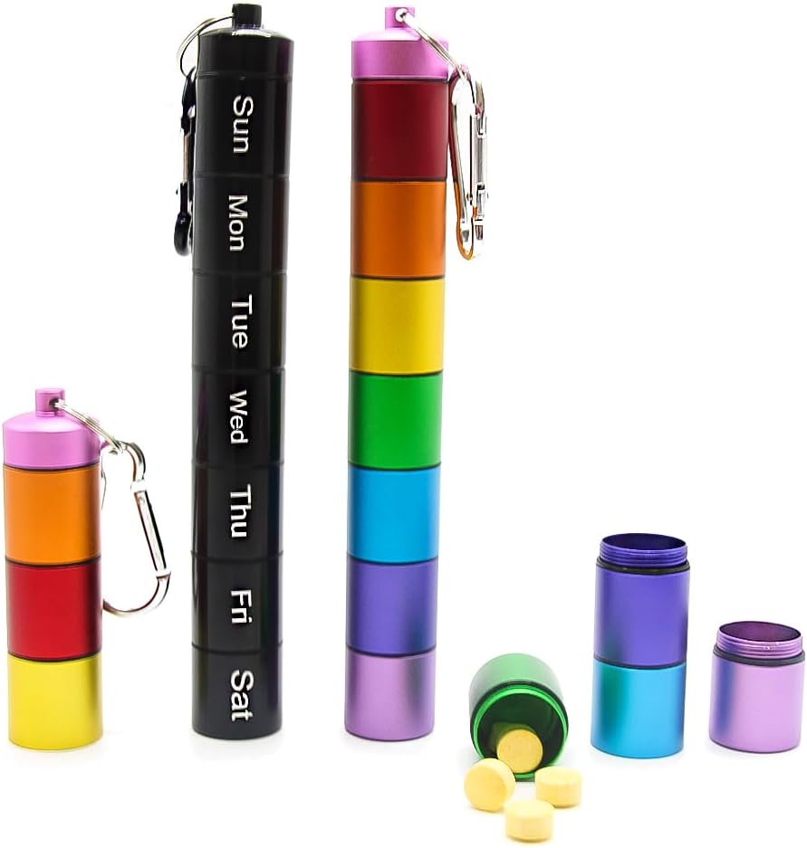 2 PCS Metal Travel Pill Organizer Large - Rainbow Weekly Pill Case +7 Day Pill Organizer-Waterproof Pill Box Container - Compacto y Durable Organizador de Medicina