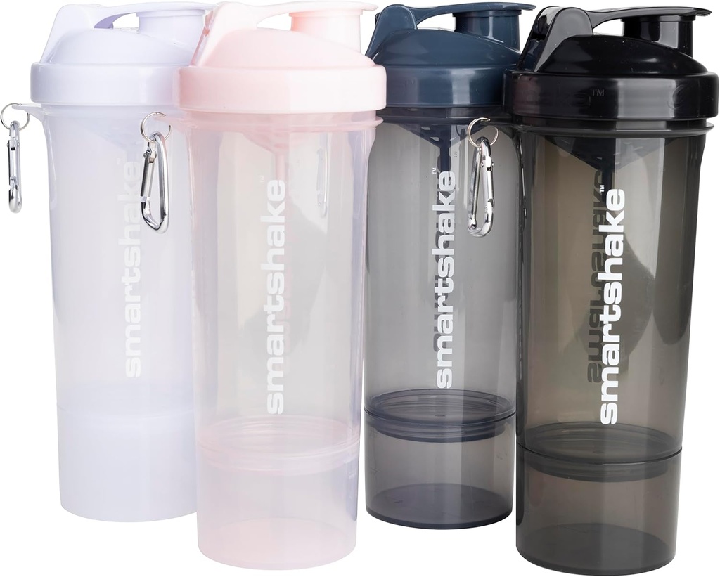 Smartshake Slim 4-Pack Protein Shaker Bottle 400 ml ← 13.5 oz – Almacenamiento Incluido - Leakproof Screw-on Lid - BPA Gratis – Unisex - Negro, Blanco, Stormy Gray, Cotton pink