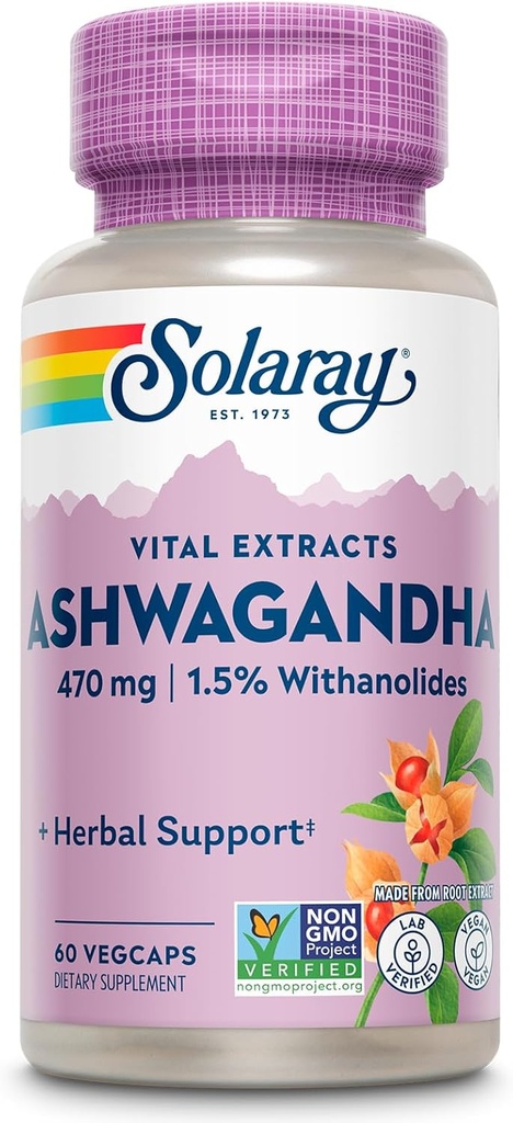 SOLARAY Vital Extractos Ashwagandha 470mg - Powerful Adaptogen - Ashwagandha Suplementos w/ 7mg Withanolides, Wellness Support, Vegan, Non-GMO, Lab Verified, 60-Day Guarantee, 60 Servings, 60 VegCaps