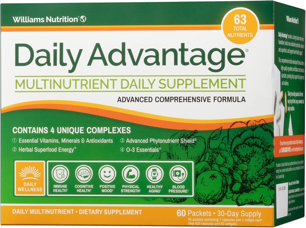 Suplemento de vitamina multinutriente del Dr. David Williams para la salud cognitiva, cardio y inmunológica y 60 paquetes