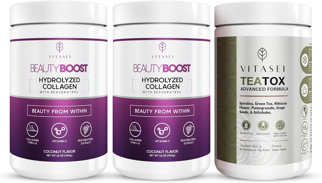 VITASEI Péptidos de colágeno hidrolizado Polvo con vitamina C & Resveratrol y Teatox Cleanse Soporte Polvo, Digestión Booster W/Green Tea, Spirulina, Artichoke