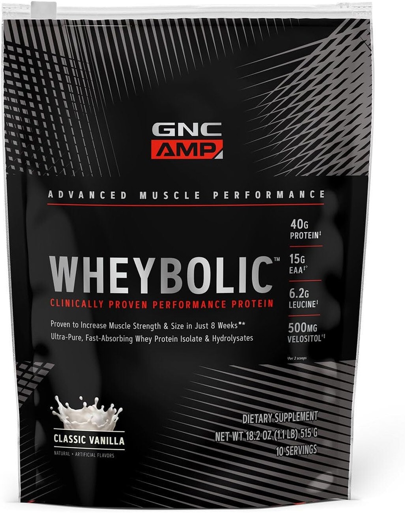 GNC AMP Wheybolic Clinically Proven Protein Powder, 40g Whey Protein, BCAA, Leucine, Increases Muscle Strength, Muscle Building, 3rd Party Tested, Gluten Free, Classic Vanilla, 10 Servings