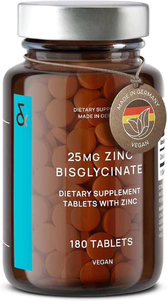 CLAV® Zinc Bisglycinate 25mg - 180 Tablets (6 Meses de suministro) - Natural Chelated Zinc Supplement - Vegan Zinc Glycinate for Immune &amp; Skin Support