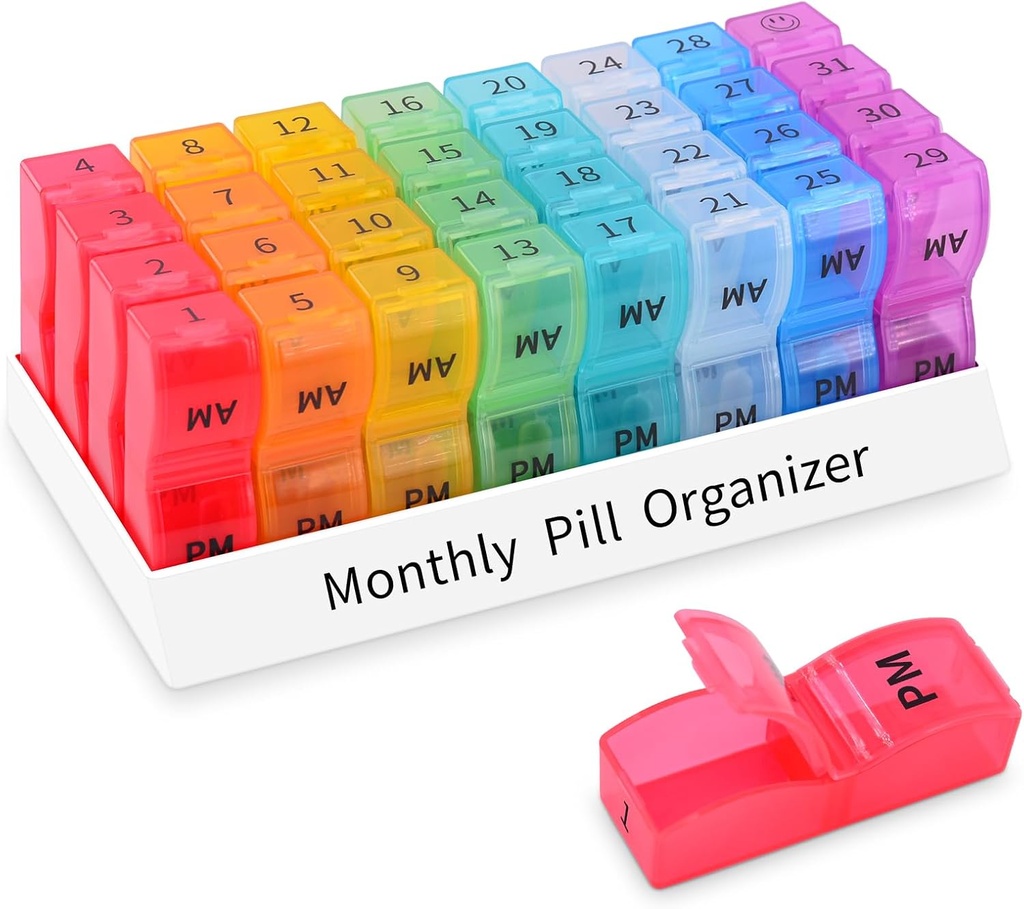GREENCYCLE Monthly Pill Organizer 2 Times a Day, 30 Days Pill Box AM, 4 Week Pill Cases, One Month Pill Medicine Container Small Separate Compartments to Hold Vitamins, Fish Oil, Supplements